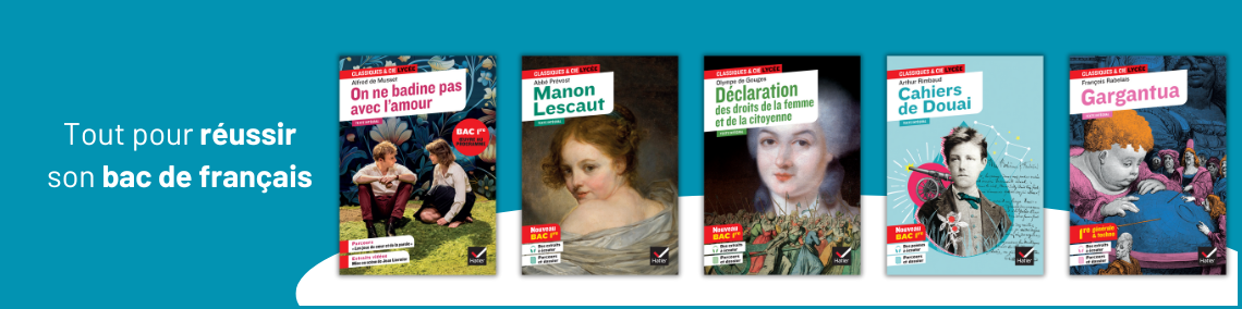L'image présente une bannière promotionnelle pour les ouvrages de la collection Classiques & Cie Lycée, destinés à aider les élèves à réussir leur bac de français. Voici une description détaillée :  Thème général : Le fond bleu vif attire immédiatement l'attention, en mettant en avant l'idée de révision scolaire et de préparation pour l'épreuve du bac de français. Cette couleur, associée à la réussite académique, apporte un ton dynamique et encourageant.  Livres mis en avant :  Six ouvrages classiques de la littérature française sont alignés sur la droite, chacun accompagné d'une image représentative et du titre : "Alcools" de Guillaume Apollinaire, "Gargantua" de François Rabelais, "Les Caractères" de Jean de La Bruyère, "Le Malade imaginaire" de Molière, "La Princesse de Clèves" de Madame de Lafayette. Chaque livre est marqué par l'indication "Bac 1re", soulignant qu'ils sont spécifiquement adaptés pour l'épreuve anticipée de français en première. Message central : La phrase "Tout pour réussir son bac de français" est écrite en blanc, avec "réussir" mis en avant en gras, ce qui renforce l'idée que ces livres sont des outils incontournables pour bien se préparer à l'épreuve du bac de français.  Atouts des livres :  Les couvertures colorées et visuellement distinctes des livres facilitent leur identification et rappellent l'importance de la diversité des œuvres à étudier pour l'examen. Cette bannière est conçue pour encourager les élèves à s'équiper avec les bons outils de révision en mettant en avant une sélection des œuvres classiques au programme du bac de français.