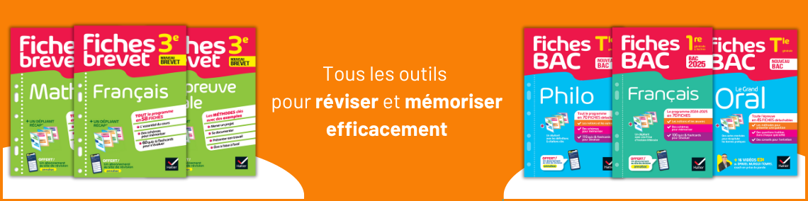 L'image présente une bannière promotionnelle pour les Fiches Brevet et Fiches Bac, destinées à aider les élèves dans leurs révisions des examens avec des supports synthétiques et pratiques. Voici une description détaillée :  Thème général : Le fond orange vif met en avant l'idée de dynamisme et de motivation pour les révisions, avec des fiches de révision claires et concises pour les élèves de la 3ᵉ (Brevet) et de Terminale (Bac).  Fiches Brevet :  Sur la gauche de l'image, trois livres de la collection "Fiches Brevet" sont visibles, avec des couleurs vives (vert et rouge) : "Maths", "L'épreuve orale" et "Le Tout-en-un". Ces livres contiennent des fiches pratiques et visuelles pour mémoriser efficacement les cours, avec des dépliants et des aides visuelles pour chaque matière. Fiches Bac :  Sur la droite, on voit les ouvrages de la collection "Fiches Bac" pour la Terminale avec des couleurs distinctes : "Histoire-Géo", "Français" et "Philosophie". Comme pour le brevet, ces livres proposent des fiches synthétiques, avec des QR codes pour accéder à des ressources complémentaires et des exercices en ligne. Message central : La phrase "Tous les outils pour réviser et mémoriser efficacement" est mise en avant en blanc, soulignant l'objectif des fiches : aider les élèves à bien réviser et à retenir leurs cours en vue des examens.  Cette bannière est conçue pour être visuellement attrayante, en mettant en avant la praticité et l'efficacité des fiches comme un outil essentiel pour réussir les examens du Brevet et du Bac.