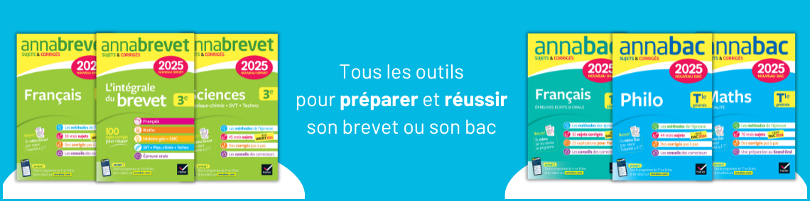 L'image montre une bannière publicitaire pour les outils pédagogiques "Annabrevet" et "Annabac" 2024. Voici une description détaillée :  Thème général : La bannière met en avant des livres de préparation aux examens du Brevet et du Bac, avec des couvertures colorées qui attirent immédiatement l'attention. Chaque livre est bien visible, placé dans un agencement en éventail sur fond bleu, suggérant une offre complète pour les élèves.  Livres Annabrevet :  Trois livres pour le Brevet sont mis en avant à gauche, avec des couvertures vertes : "Français", "Sciences", et "L'Intégrale du Brevet". Les étiquettes colorées sur les couvertures indiquent la présence de sujets corrigés, d'exercices, et de conseils méthodologiques. Livres Annabac :  À droite, trois livres pour le Bac sont présentés avec des couvertures bleues : "Français", "Maths" et "Philo". Ces manuels indiquent également la présence de méthodes d'examen, de corrigés détaillés et de conseils pour réussir les épreuves du Bac. Message central : Au milieu de l'image, le texte "Tous les outils pour préparer et réussir son brevet ou son bac" est écrit en blanc, en insistant sur l'idée d'une préparation complète et réussie.  Cette bannière est claire et structurée pour inciter les étudiants à se procurer ces ouvrages, avec des codes couleur marqués (vert pour le Brevet et bleu pour le Bac) qui facilitent la distinction entre les deux niveaux d'examen.